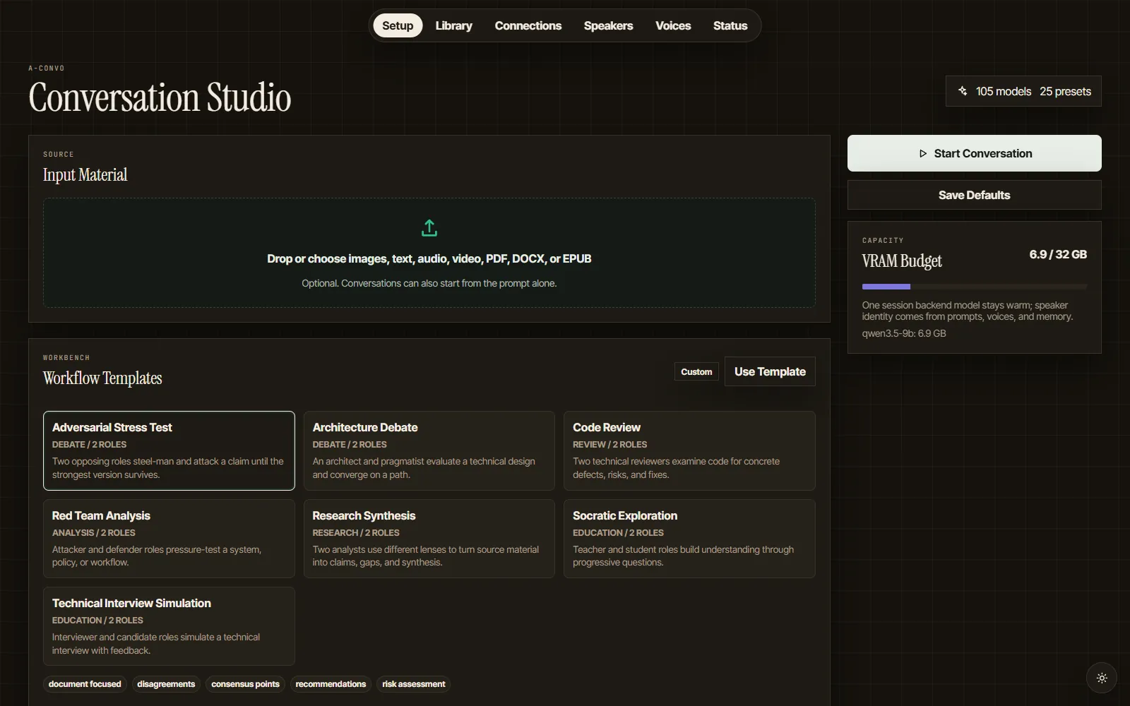 Conversation Studio setup: input material, workflow templates, and a memory budget for the chosen local model