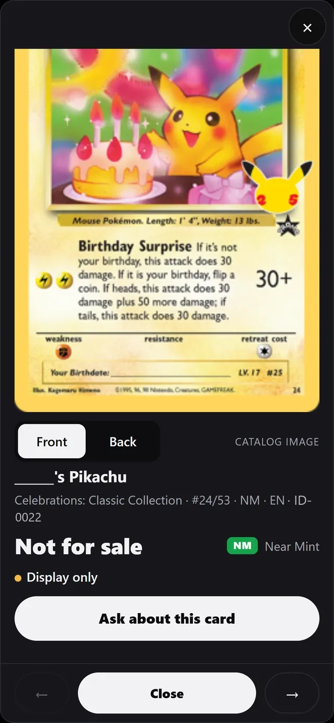 Customer view of a display-only card: Not for sale, Ask about this card