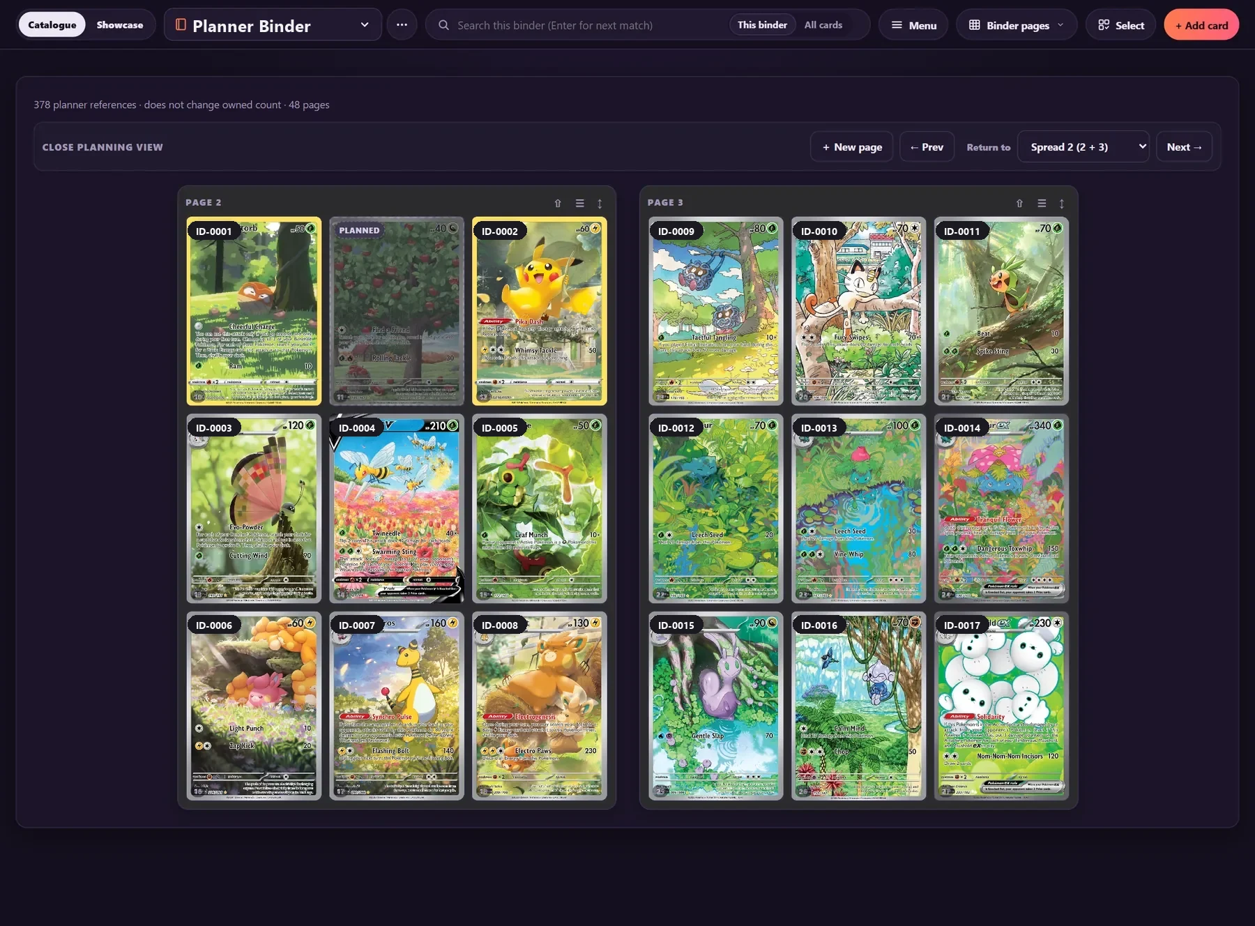 The Catalogue: pages 2 and 3 of a binder, each a 3 by 3 grid of cards with ID labels