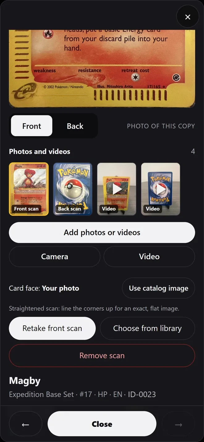 Owner view of Magby: scans, two videos, and photo tools