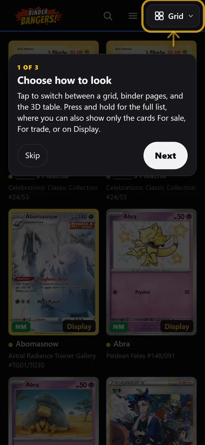 Guide step 1 of 3: an arrow points at the view button