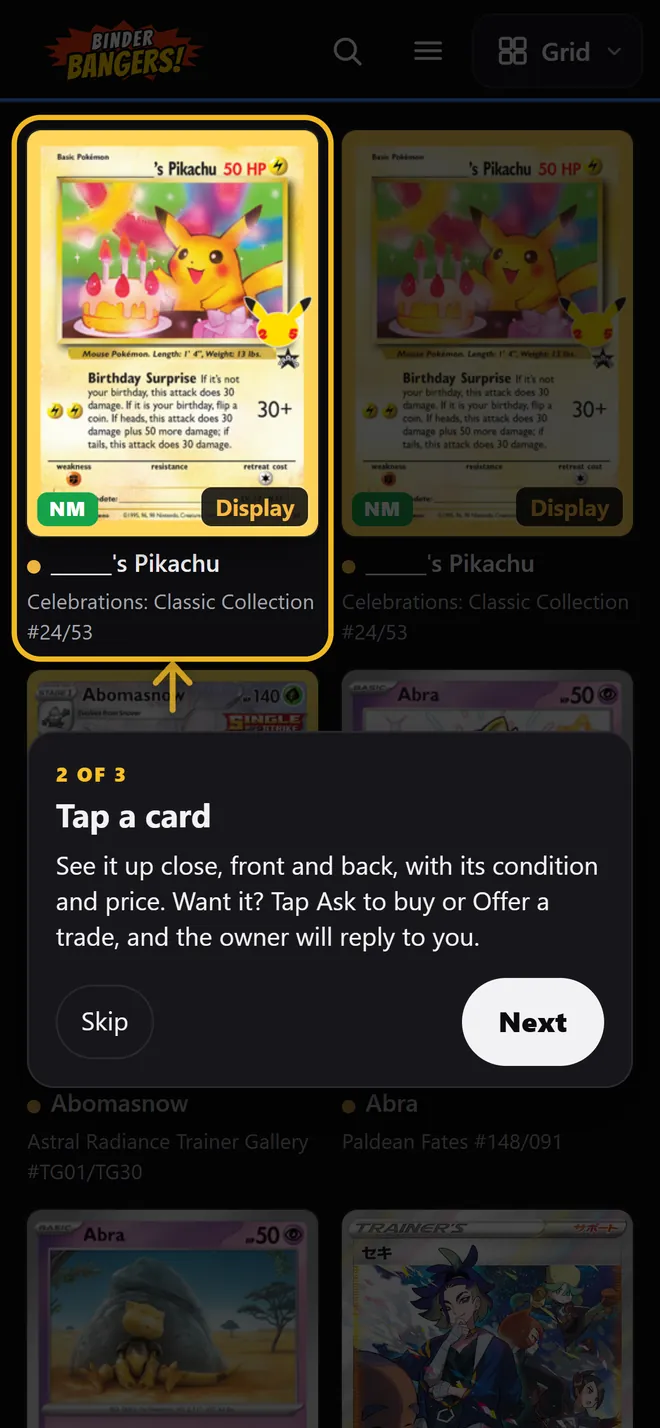 Guide step 2 of 3: a card is highlighted