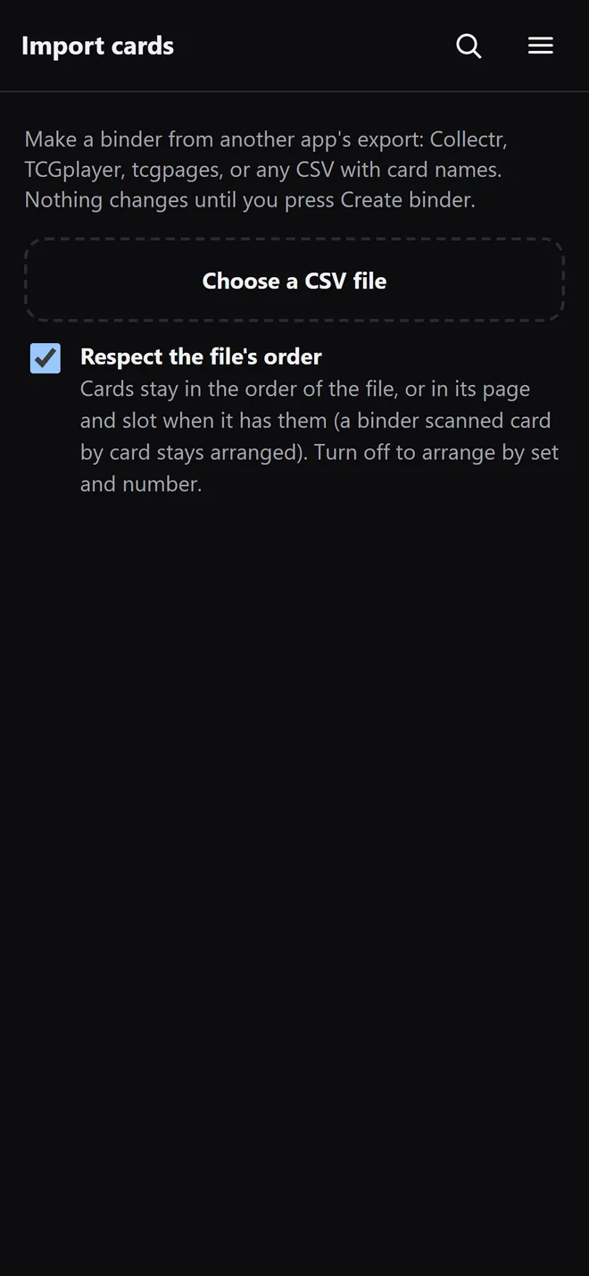 Import cards: choose a CSV file