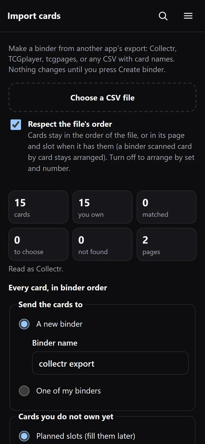 The file read as Collectr: 15 cards, 15 you own, 2 pages