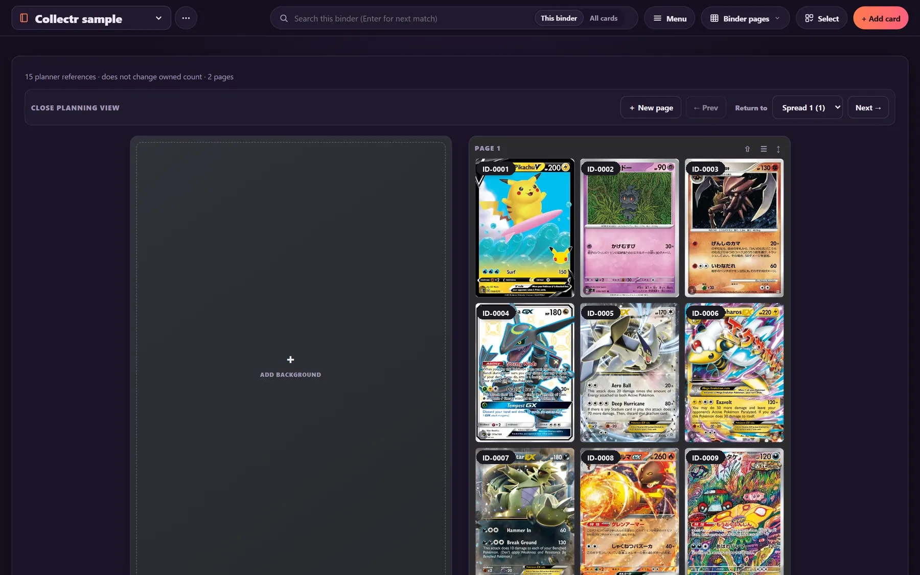 The imported binder open in the Catalogue: nine cards with ID labels