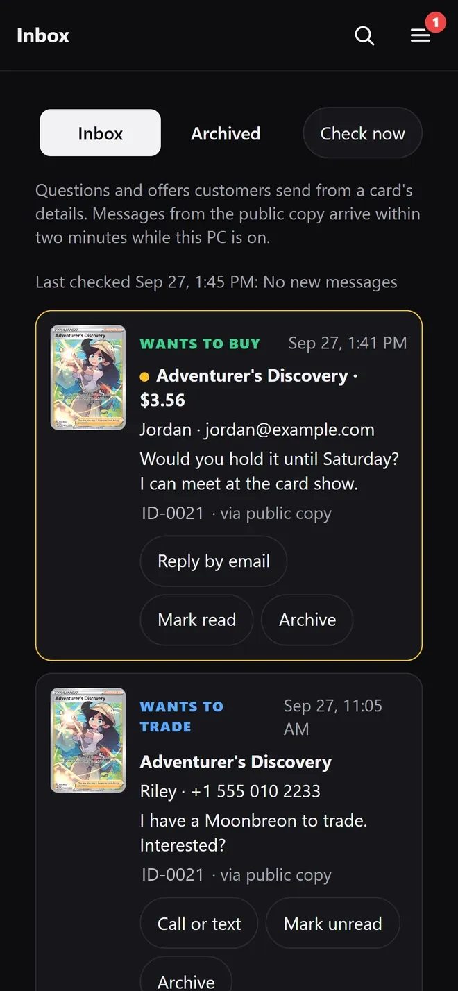 Inbox with a Wants to buy and a Wants to trade message