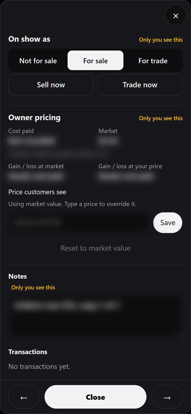 Owner view: status buttons, Sell now and Trade now, owner pricing with amounts blurred