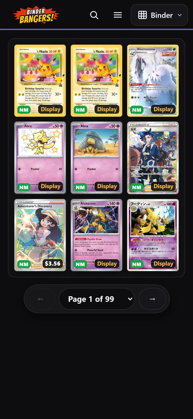Binder view: a nine-pocket page, Page 1 of 99