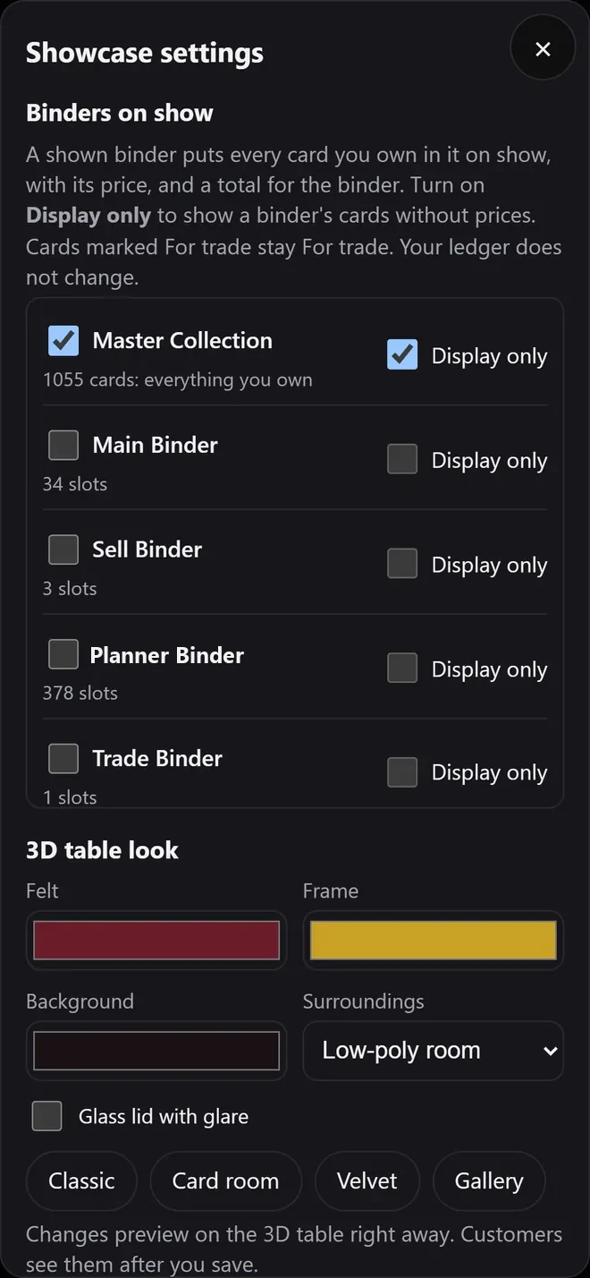 Showcase settings: binders on show and the 3D table look