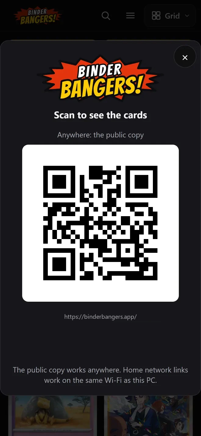 Share window: Binder Bangers logo and a QR code