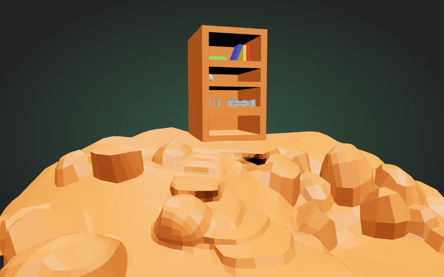 The second version: a bookshelf with coloured books on a low-poly orange hill
