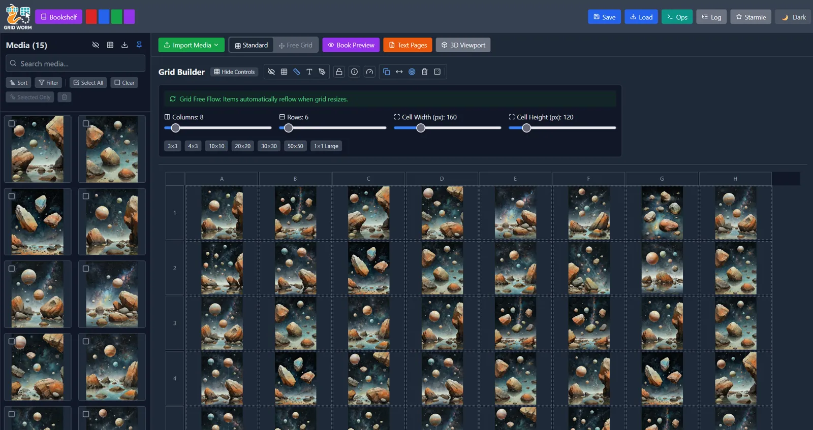 The grid builder full of images, with column and row controls