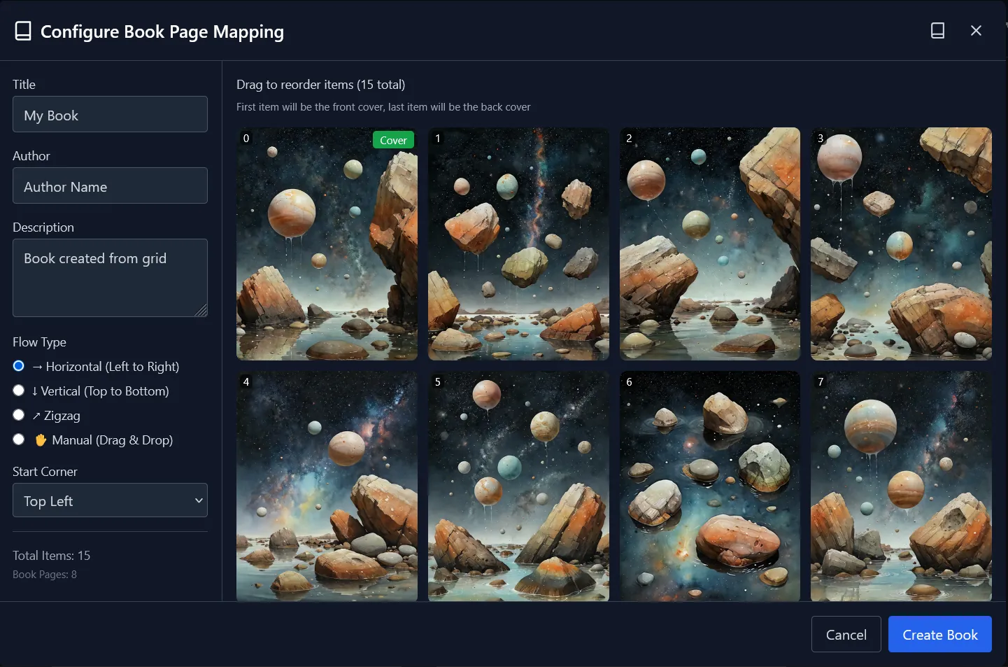 Book page mapping: drag to reorder items, flow type and start corner