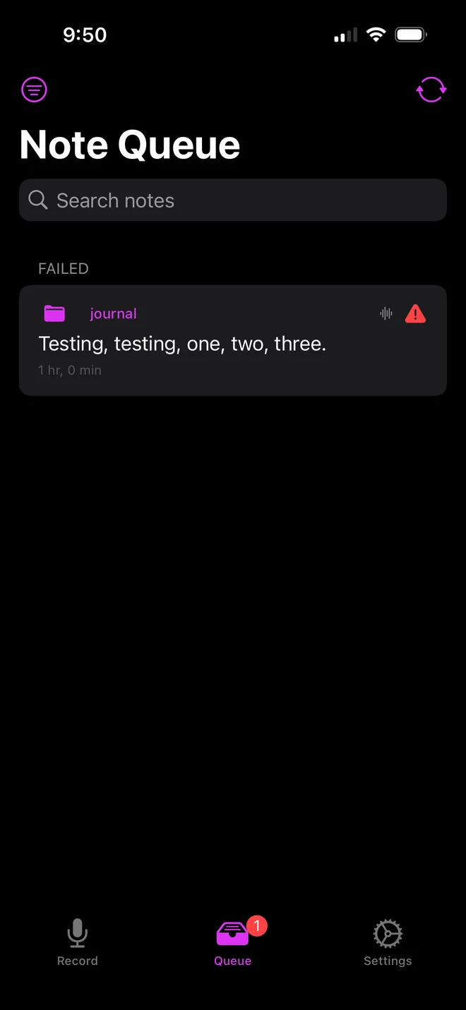 The note queue with a test note under Failed and a red warning