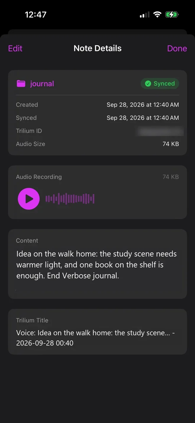 The same note marked Synced in green, with its sync time